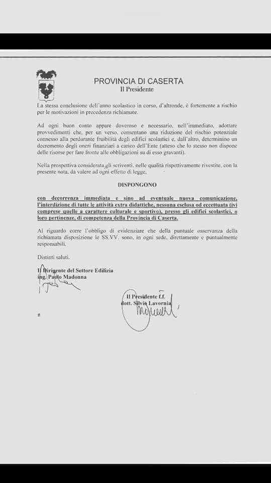 Provincia di Caserta dispone interdizione di tutte le attività extrascolastiche